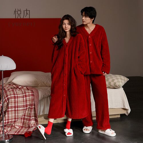 红色睡衣结婚新婚情侣套装秋冬季女睡袍加绒珊瑚绒家居服男本命年