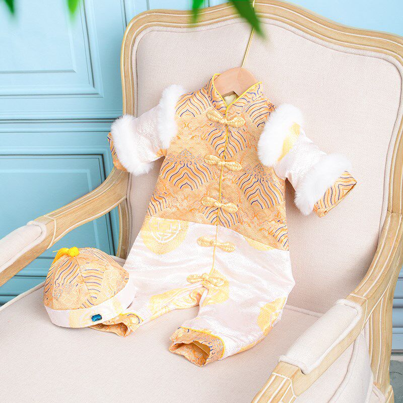 宝宝百日宴礼服爬爬服春秋男女婴儿满月周岁中式连体服抓周唐装