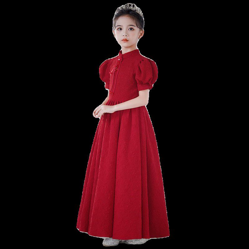 女童圣诞节红色生日礼服学生元旦晚会演出服中式立领晚会主持长裙