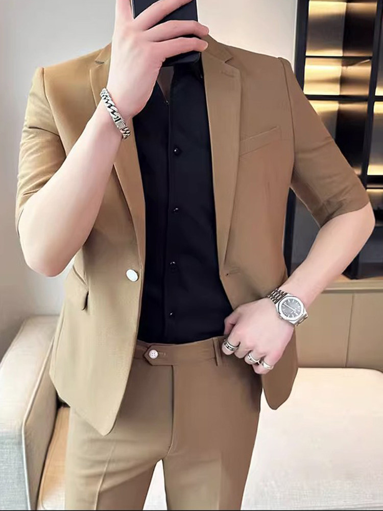 休闲中袖小套装男士褶皱夹克夏季薄短袖套装英国修身九分裤两件套