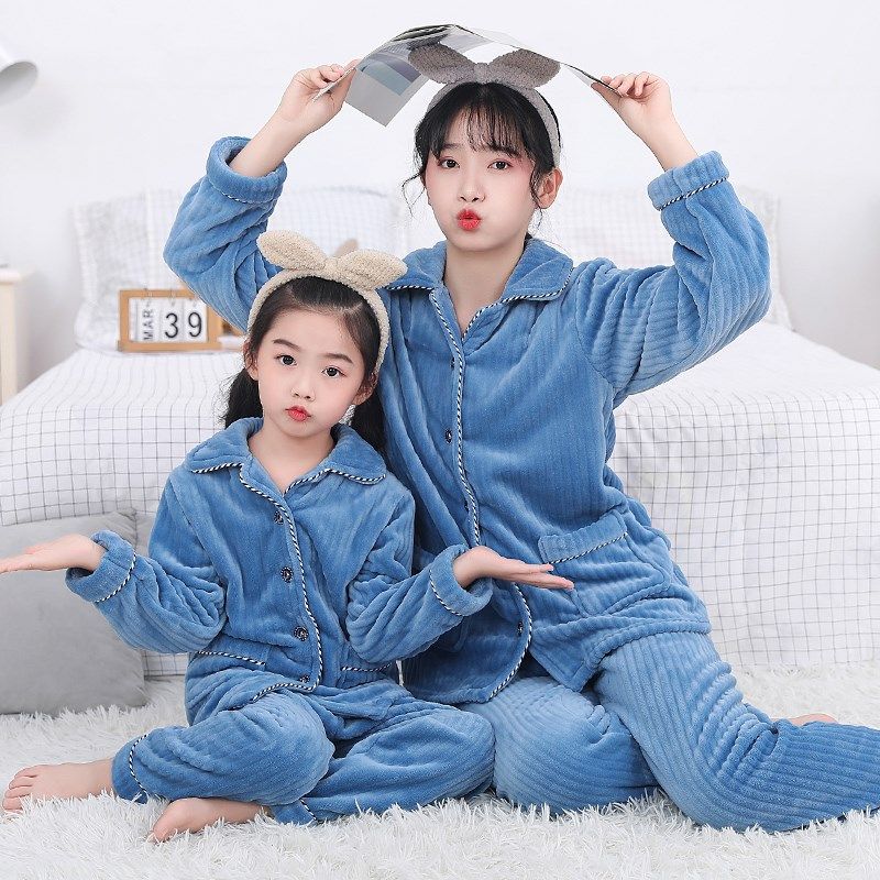 儿童珊瑚绒睡衣男女童春秋亲子一家三口法兰绒加厚宝宝家居服套装