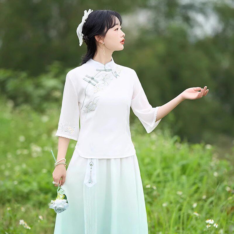 新中式民国风日常汉服套装少女学生改良旗袍上衣半身裙两件套茶服
