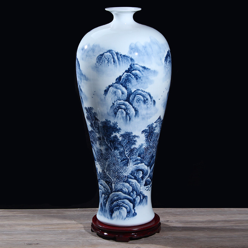 景德镇青花陶瓷大师手工手绘山水画大号落地花瓶客厅卧室装饰摆件