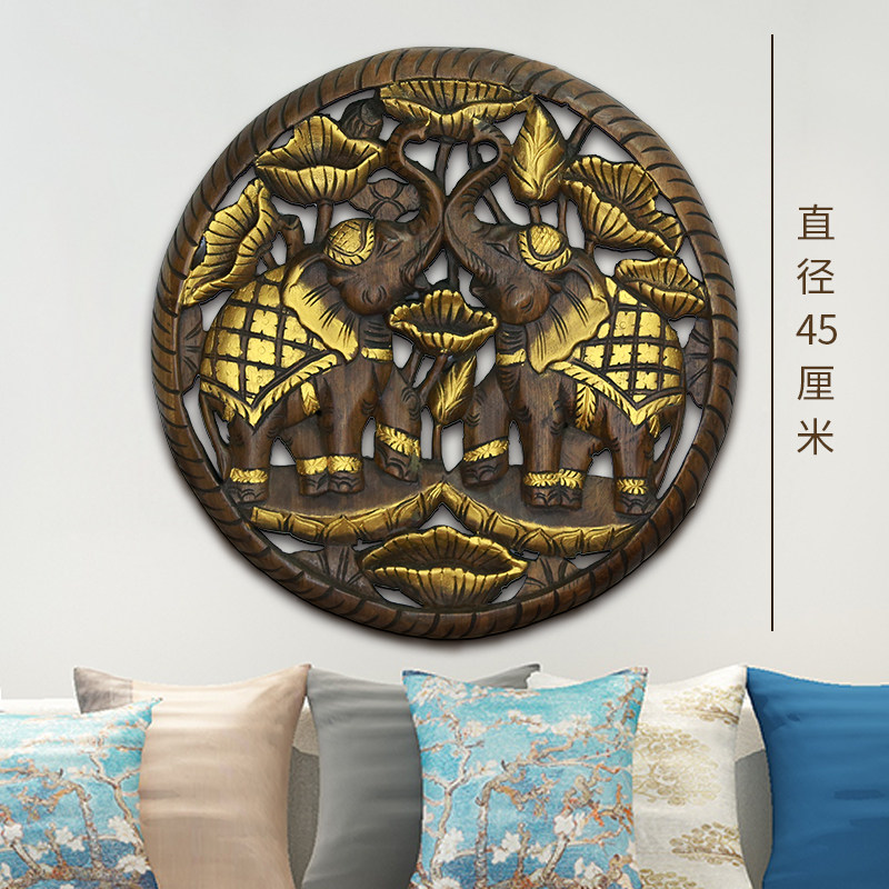 泰国雕刻工艺品实木雕壁挂夫妻大象柚木雕花板客厅玄关背景墙挂件