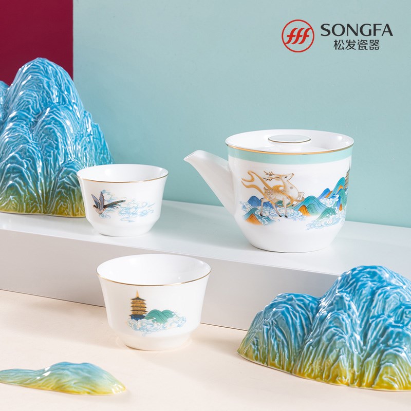 松发瓷器骨瓷茶具新中式国风山水画骨瓷快客杯轻奢茶杯户外收纳