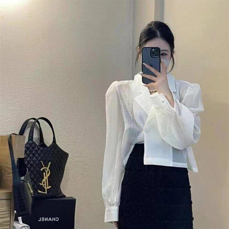 港味夏季新款西装领百搭高级感双排扣短款防晒衬衫显瘦气质上衣女