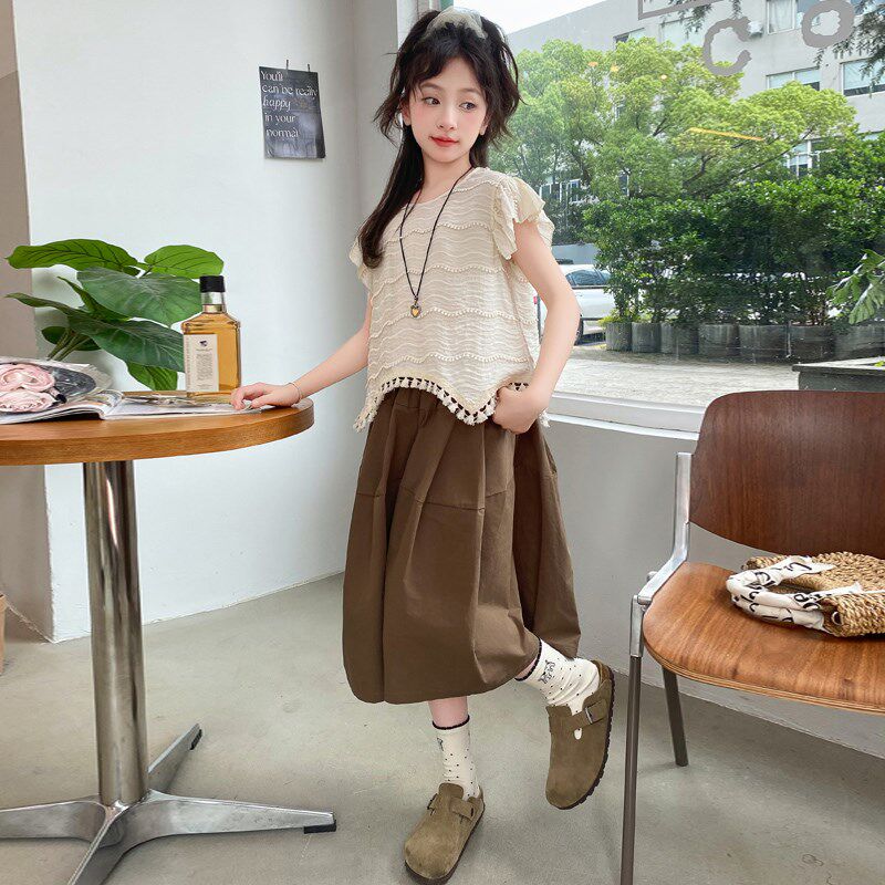女童夏季套装2024新款洋气时髦夏装中大儿童短袖t恤7分裤裙两件套