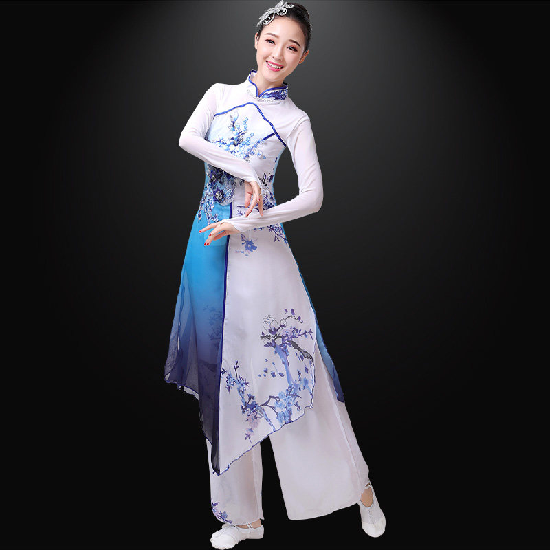 古典舞演出服女飘逸青花瓷中国风扇子舞风筝误水墨舞蹈独舞服套装