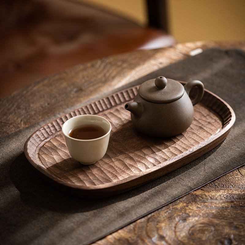 手工 雕刻 胡桃木茶盘樱花木托盘家用实木茶点盘椭圆形日式干泡台