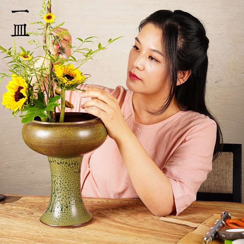 花道日式插花中式禅意高脚花盆花瓶剑山插花器陶瓷碗型小原流器皿