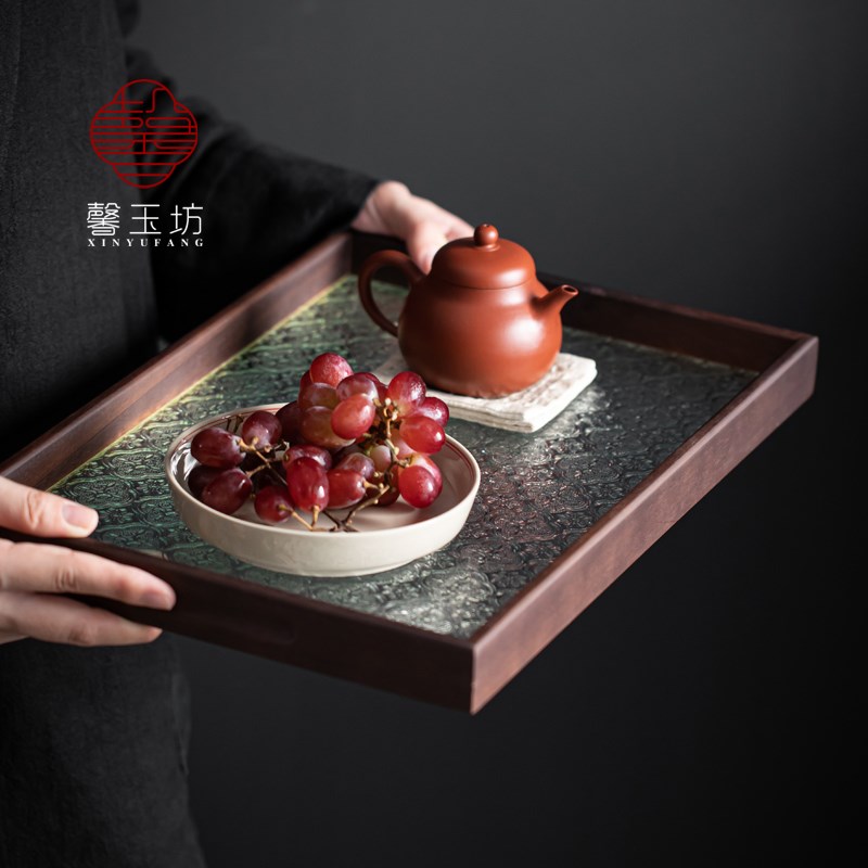 北美黑胡桃木钢化玻璃组合托盘长方形茶具茶盘家用水果点心收纳盘