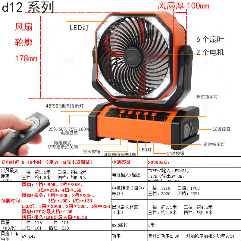 户外露营帐篷充电风扇超长持久大电量电池超强续航待机便携式无线