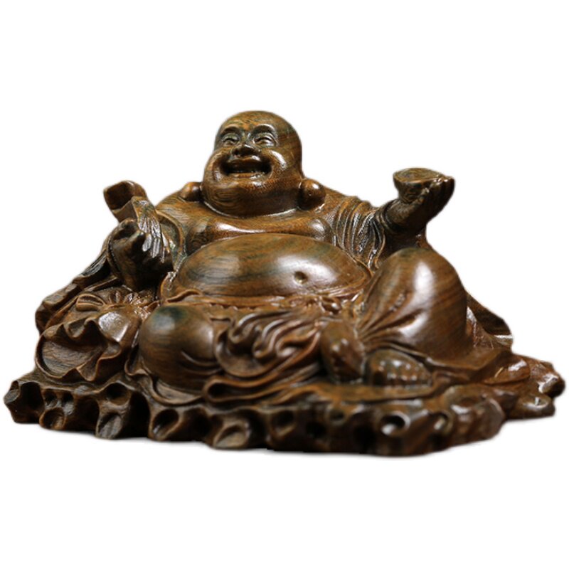天然绿檀木雕弥勒佛文玩手把件家居装饰品创意桌面工艺品摆件
