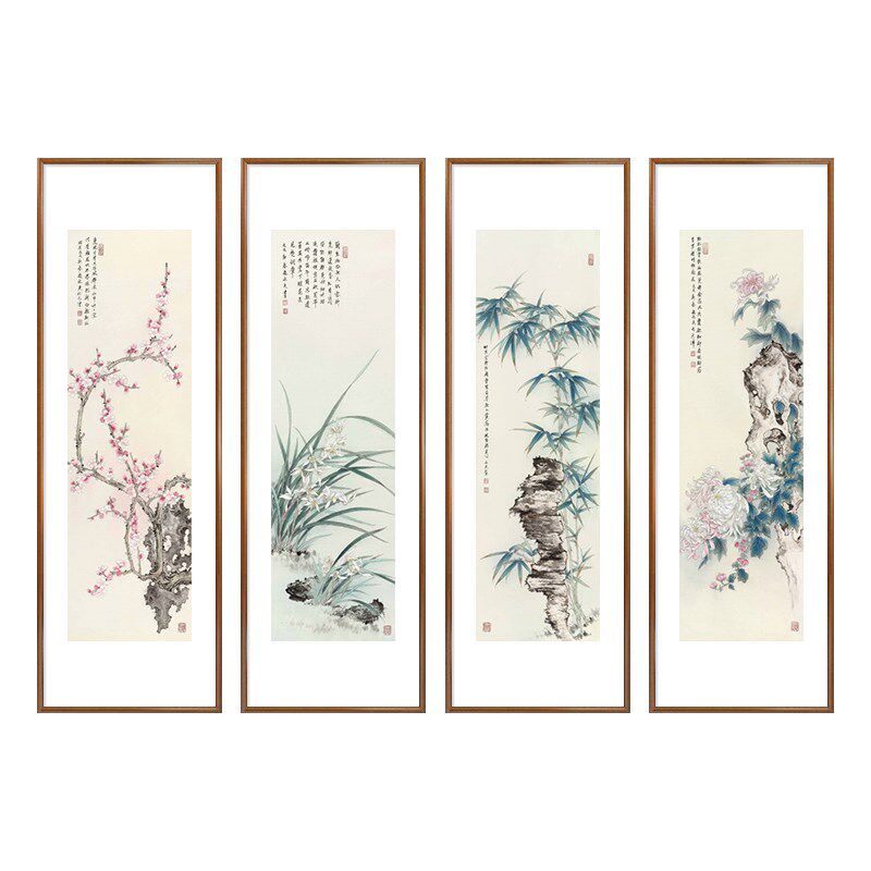梅兰竹菊客厅挂画新中式沙发背景墙装饰画禅意茶室花鸟四条屏壁画