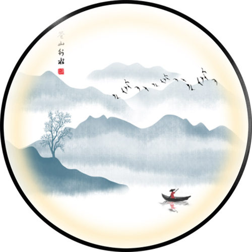 新中式山水大气圆形带灯发光装饰画客厅书房玄关晶瓷画背景墙挂画