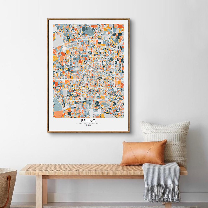 鳟鱼北欧城市地图竖版装饰画客厅装饰背景画艺术画沙发背景墙挂画