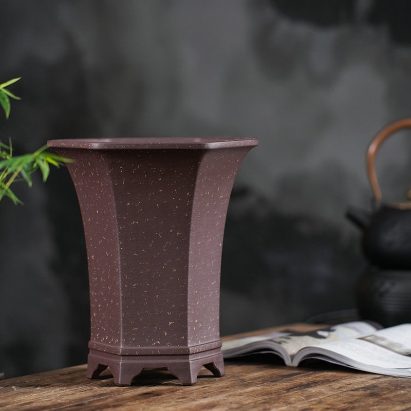 尚扣雅奢 精品紫砂花盆 朱永南紫泥铺砂漂口六方大号 蕙兰盆 包邮