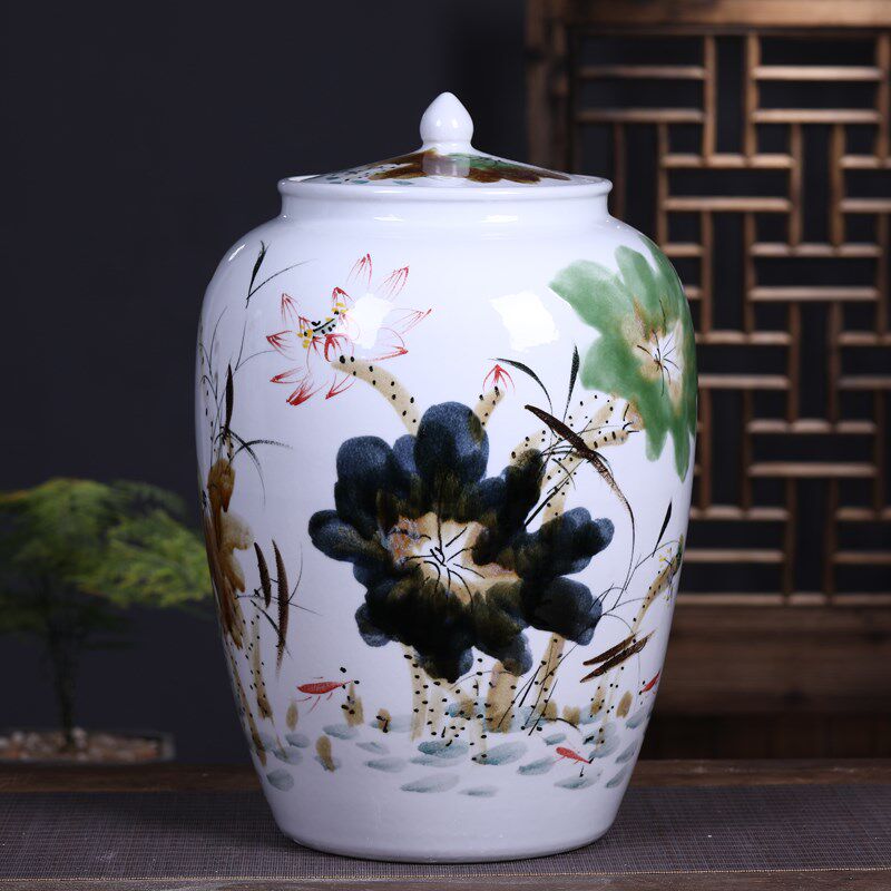 景德镇陶瓷米缸家用带盖50斤 100斤装米桶密封油缸储水缸大茶叶罐