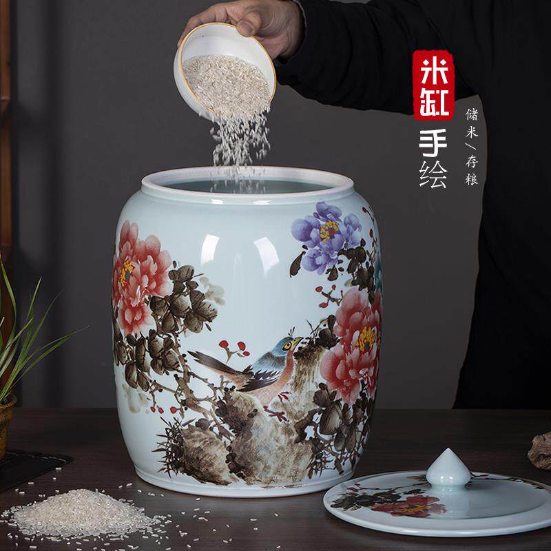 景德镇手绘陶瓷米缸米桶带盖30斤装储米箱家用面粉缸储物罐密封罐