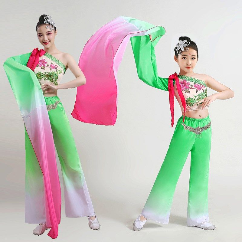 水袖舞蹈服装女绿色单肩甩袖中国风古典舞伞舞且吟春雨民族表演服