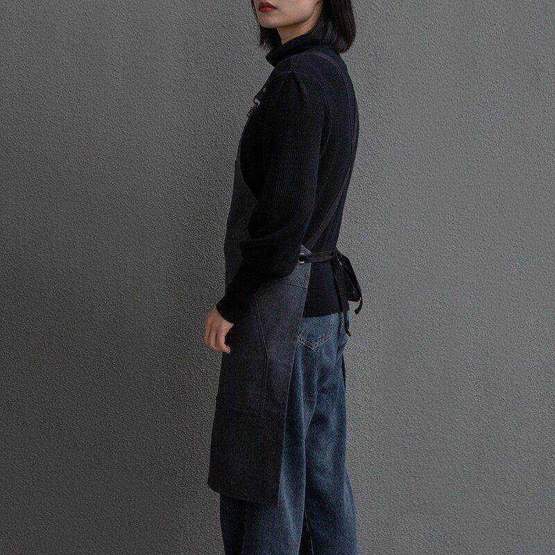 鹿造可挂毛巾黑色帆布围裙咖啡奶茶餐厅理发师工作服复古定制logo