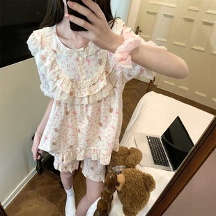 睡衣女款夏纯棉纱布短袖短裤宫廷风甜美可爱花边粉小熊家居服套装