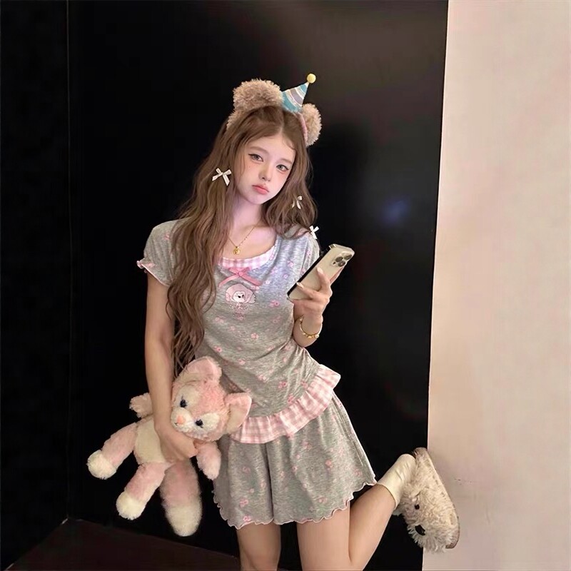 少女甜美假两件短袖睡衣女夏套装