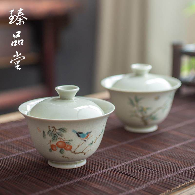 古青釉盖碗陶瓷复古三才盖碗功夫茶具家用可开片手抓壶汝窑泡茶碗