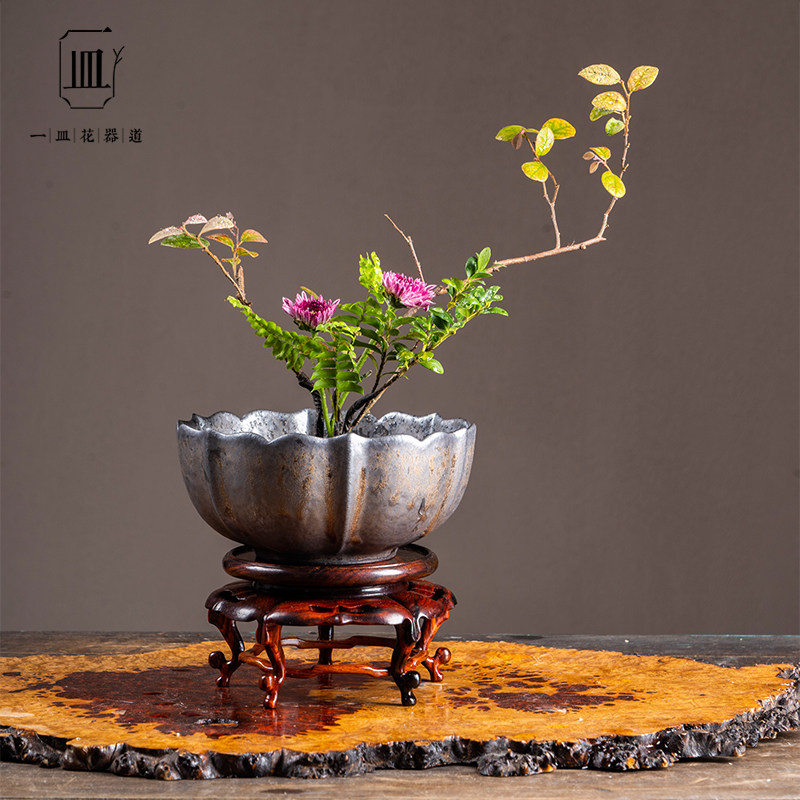 仿古莲花碗花器禅意鎏金陶瓷中式剑山插花器日式花道器皿花艺复古