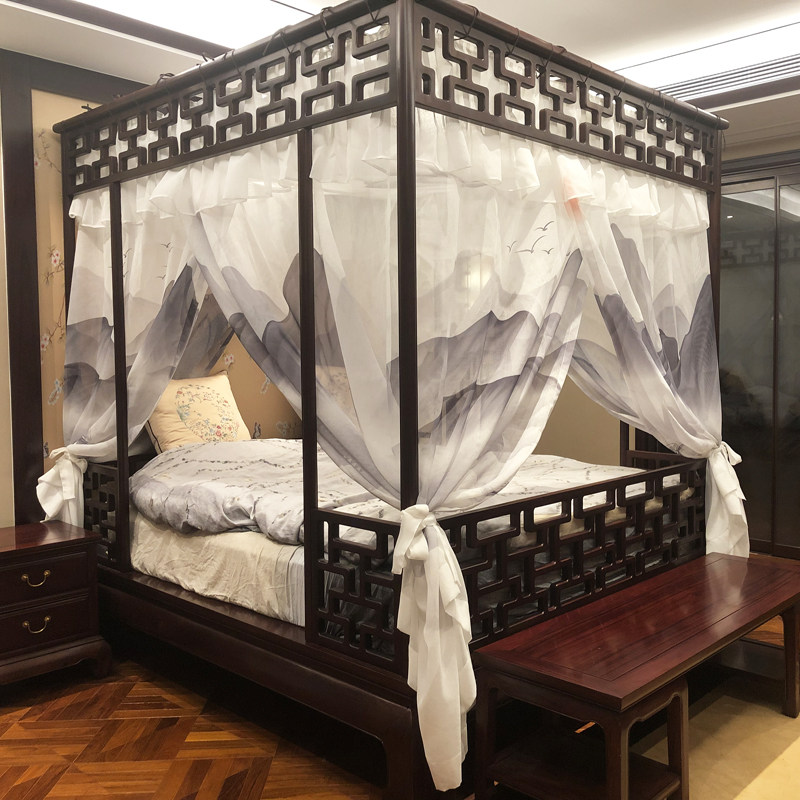 彷明清古典月洞架子床酒店民宿新中式水墨山水防蚊床幔蚊帐手绘纱