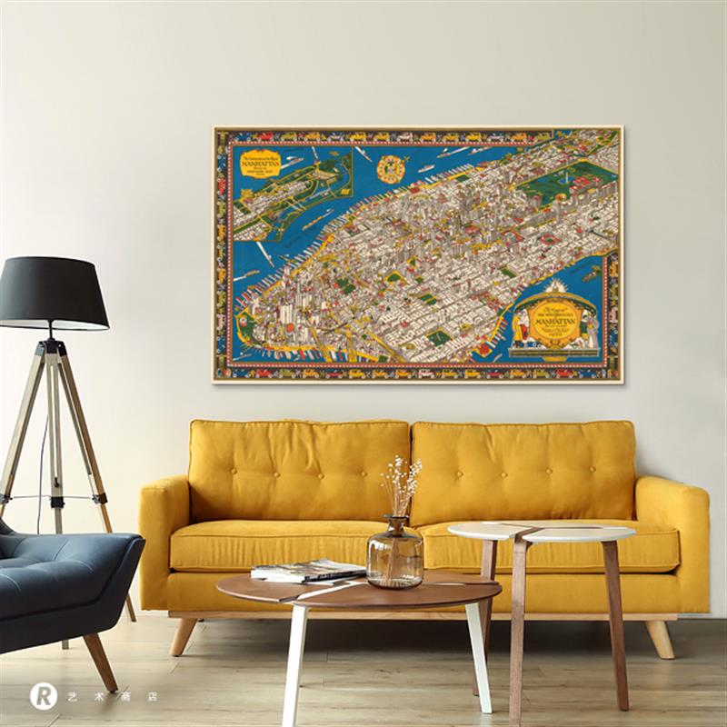 Manhattan1926 纽约曼哈顿复古地图 巨幅 撞色波普家居装饰画挂画