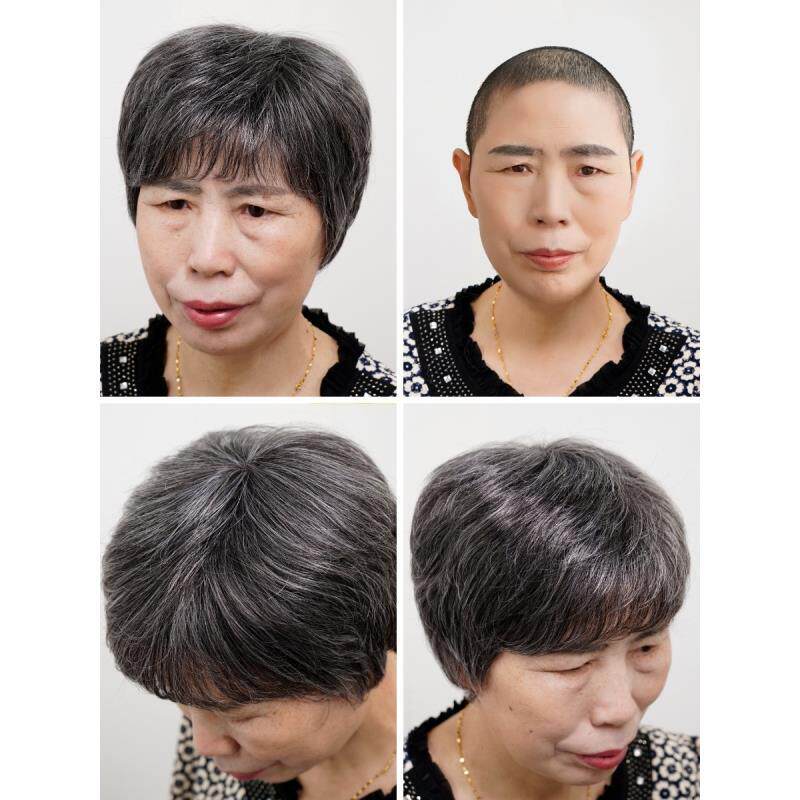 老年人假发女短发蓬松短卷发真发奶奶白色头发光头花白透气全头套
