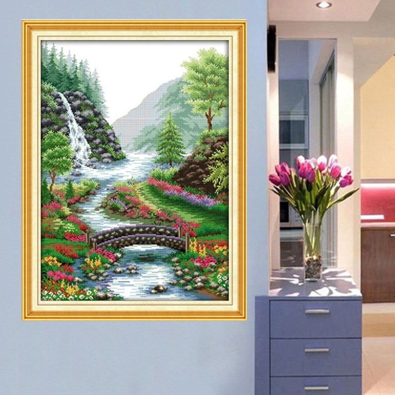 自己绣山间小溪十字绣小桥流水竖版小幅风景2026新款清新山水线绣