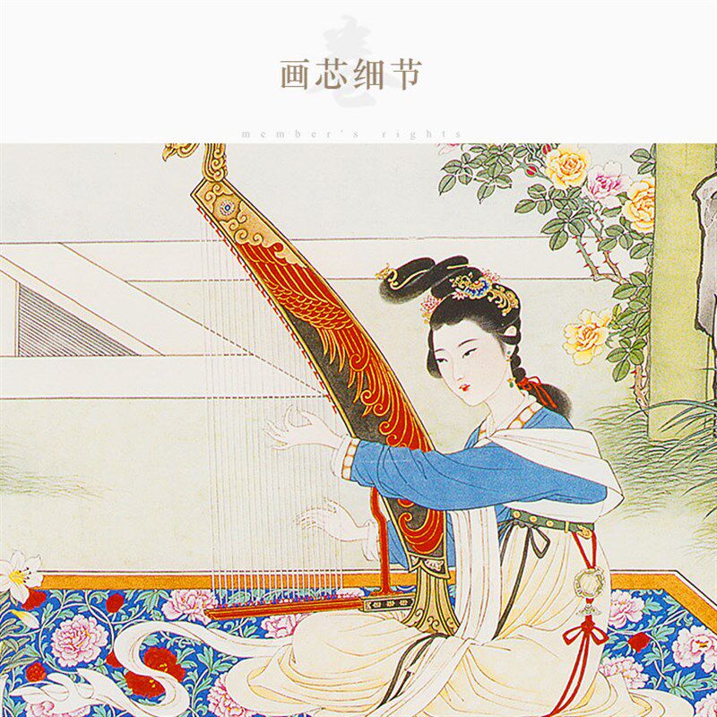 吹箫引凤图 箜篌图仕女抚琴人物卷轴挂画 书房绢布丝绸装饰画定制