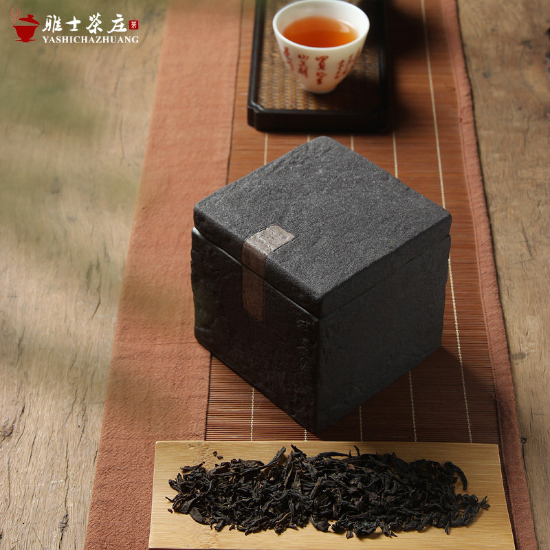 日式简约茶叶罐方形普洱醒茶罐非密封岩泥茶仓粗陶便携复古存茶罐