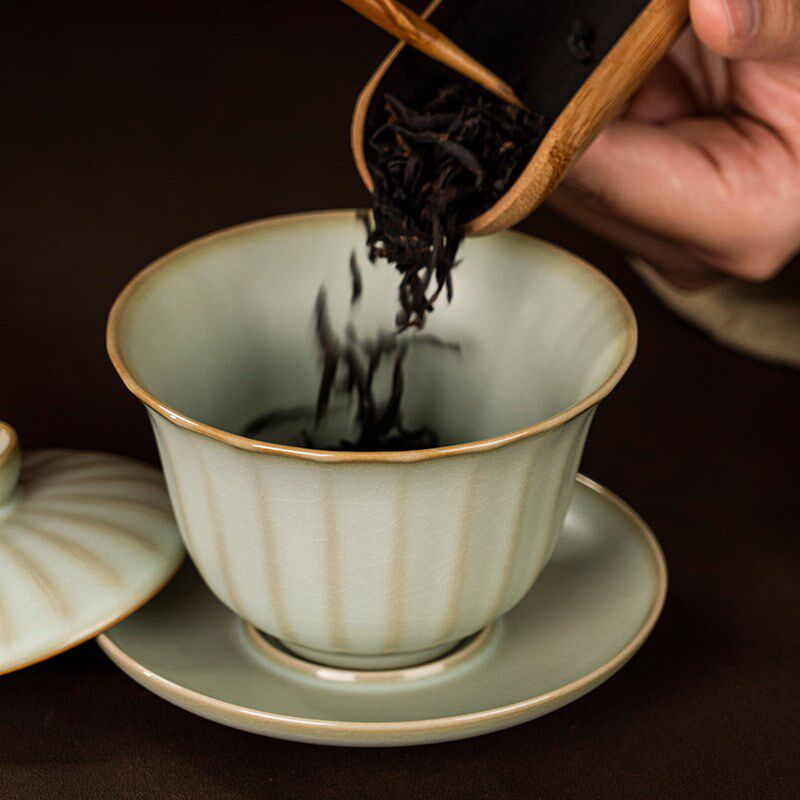 手工汝窑盖碗大号不烫手三才杯开片可养家用泡茶碗景德镇汝窑中式