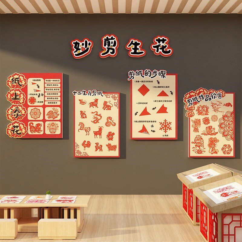 幼儿园环创非遗传统文化主题墙面装饰剪纸美工区布置成品材料走廊