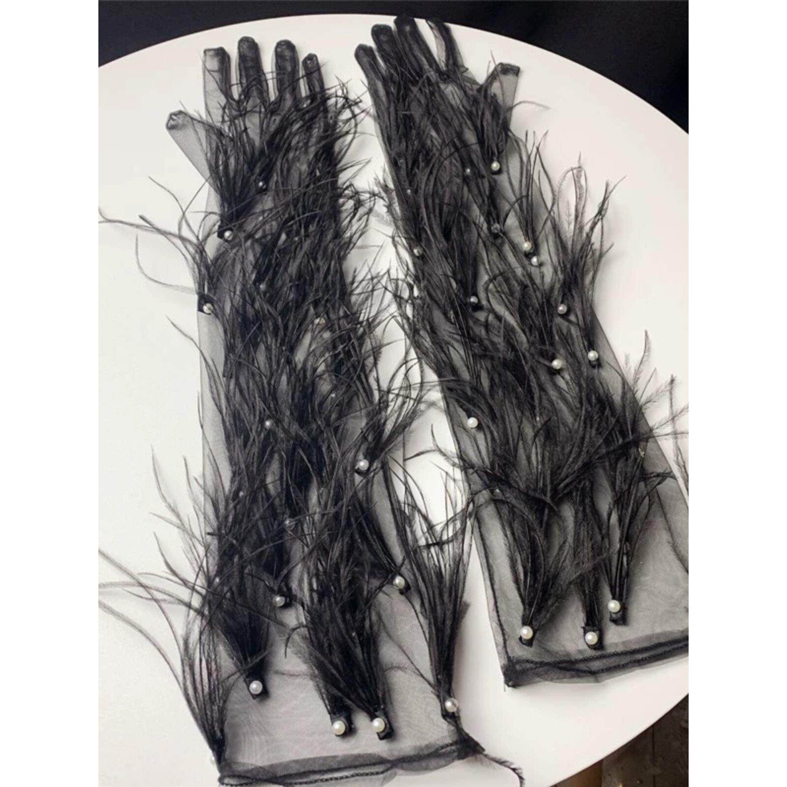 新款时尚黑色x羽仙毛纱手套礼服时装走秀SLX照配饰超影楼写真拍手