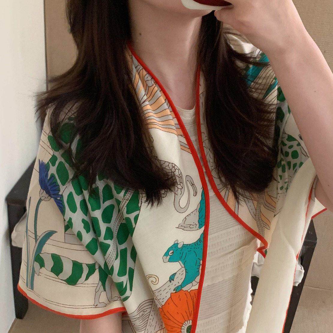 法式春花鸟橘花仿OPJ丝毛三角巾丝巾披女搭旅游保暖夏天空百调肩
