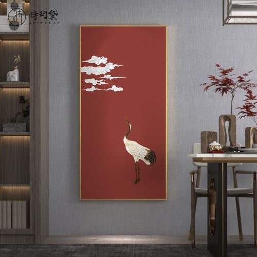 网红新中式酒店玄关装饰画红色仙鹤中国风餐厅客厅背景墙壁竖版挂