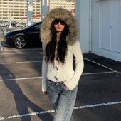 ICVIBE 羊绒针织收腰帽衫 冬日毛绒·复古绞花 可拆卸蓬松毛领