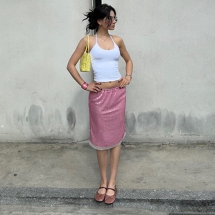 Carrie私服即视感·粉红亮片拼接腰头 蕾丝裙摆包臀半裙