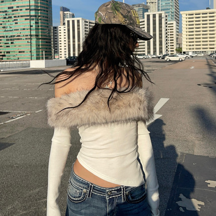 ICVIBE 华丽一下·定制狐系蓬松可拆毛领 露肩多穿法白色上衣