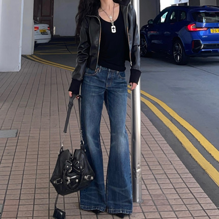 ICVIBE 法式简约·加厚立体竹节+中蓝水洗 中腰微喇牛仔裤