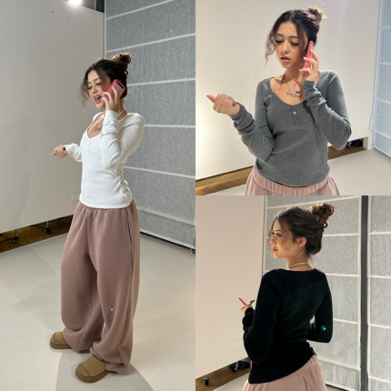 ICVIBE AIR绵软华夫·日常小性感 收腰+弧度领口纽扣亨利衫3色