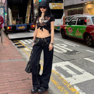 ICVIBE 绝美粗线·神裤+1 低腰直筒黑色薄款牛仔裤