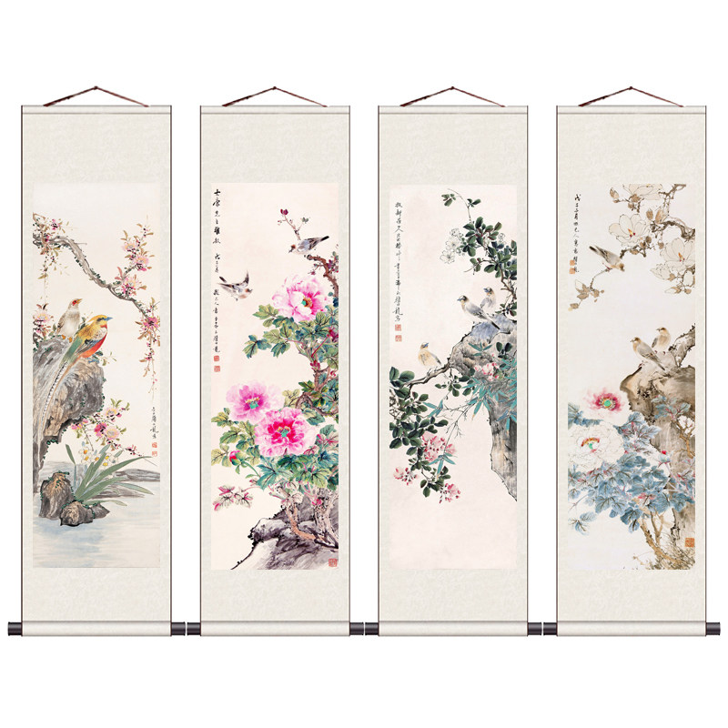 水墨山水挂画招财丝绸挂画四条屏颜伯龙花鸟画字画定制花鸟卷轴画