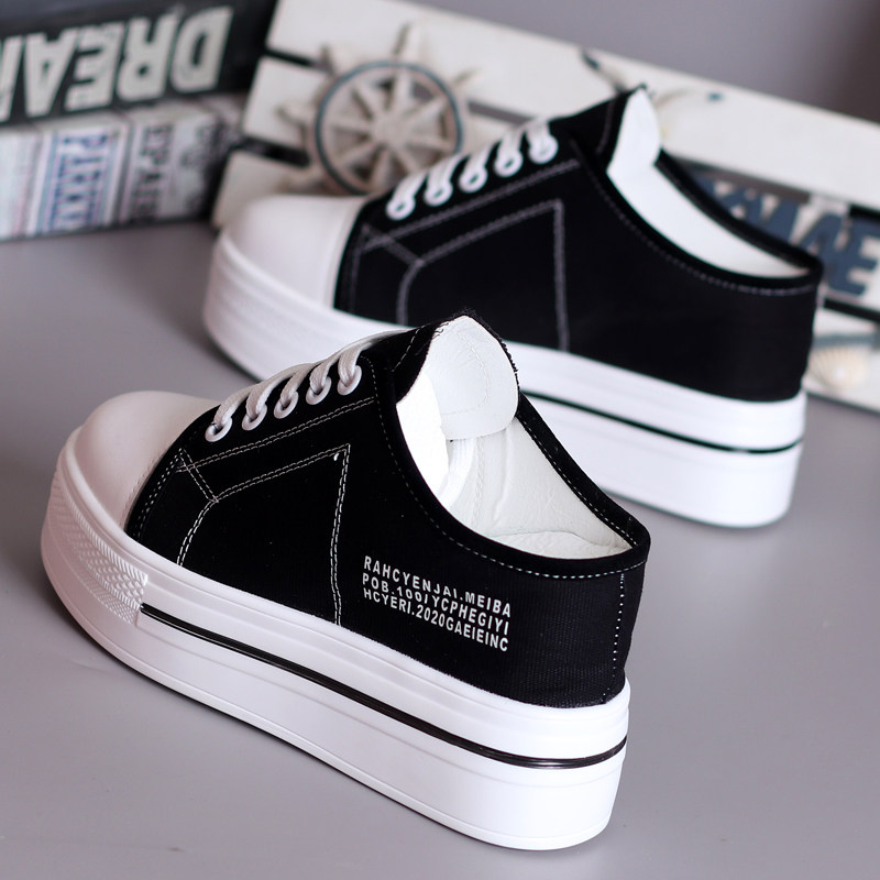 2020夏季透气帆布小白鞋女厚底内增高10CM无后跟U半拖鞋懒人鞋学