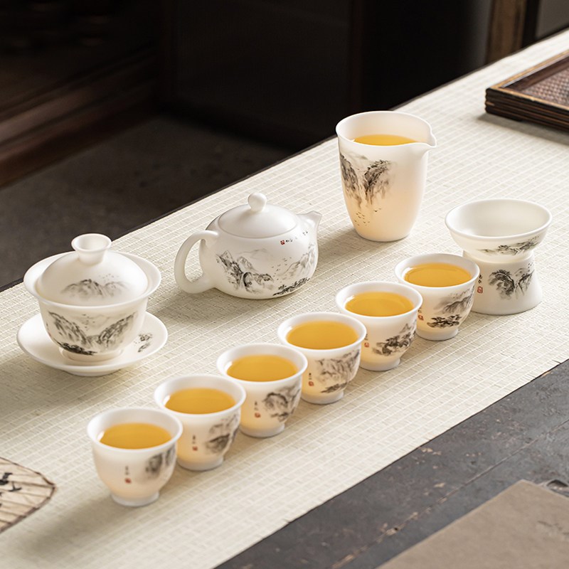 金镶玉梁立国老师全纯手绘羊脂玉白瓷功夫茶具套装整套茶具礼盒装
