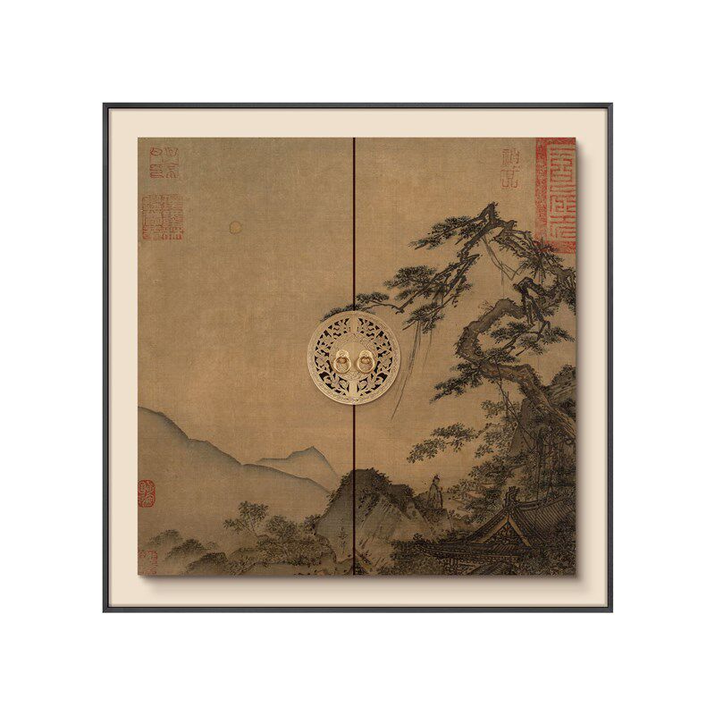 新中式玄关长松山水图挂画民宿酒店客房背景墙装饰画茶室多联壁画